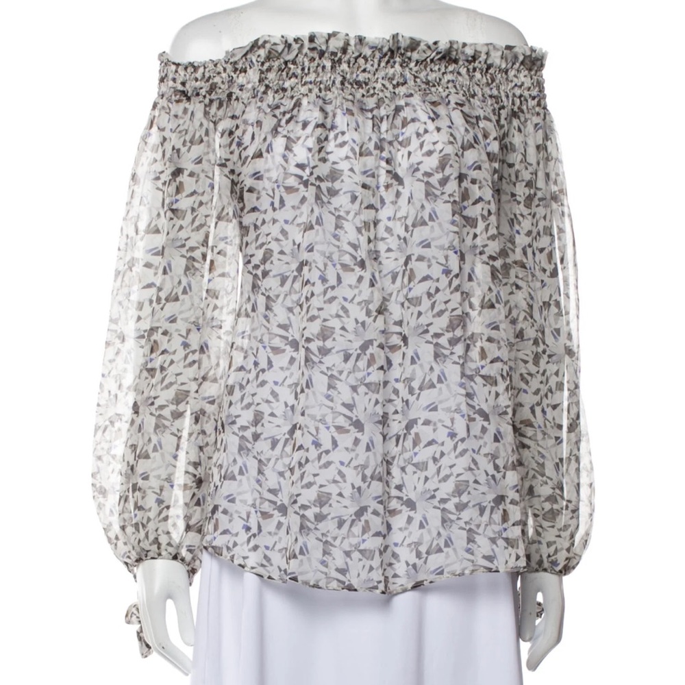 Caroline Constas Silk Smocked Elastic Cinched Ruffle Off Shoulder Top